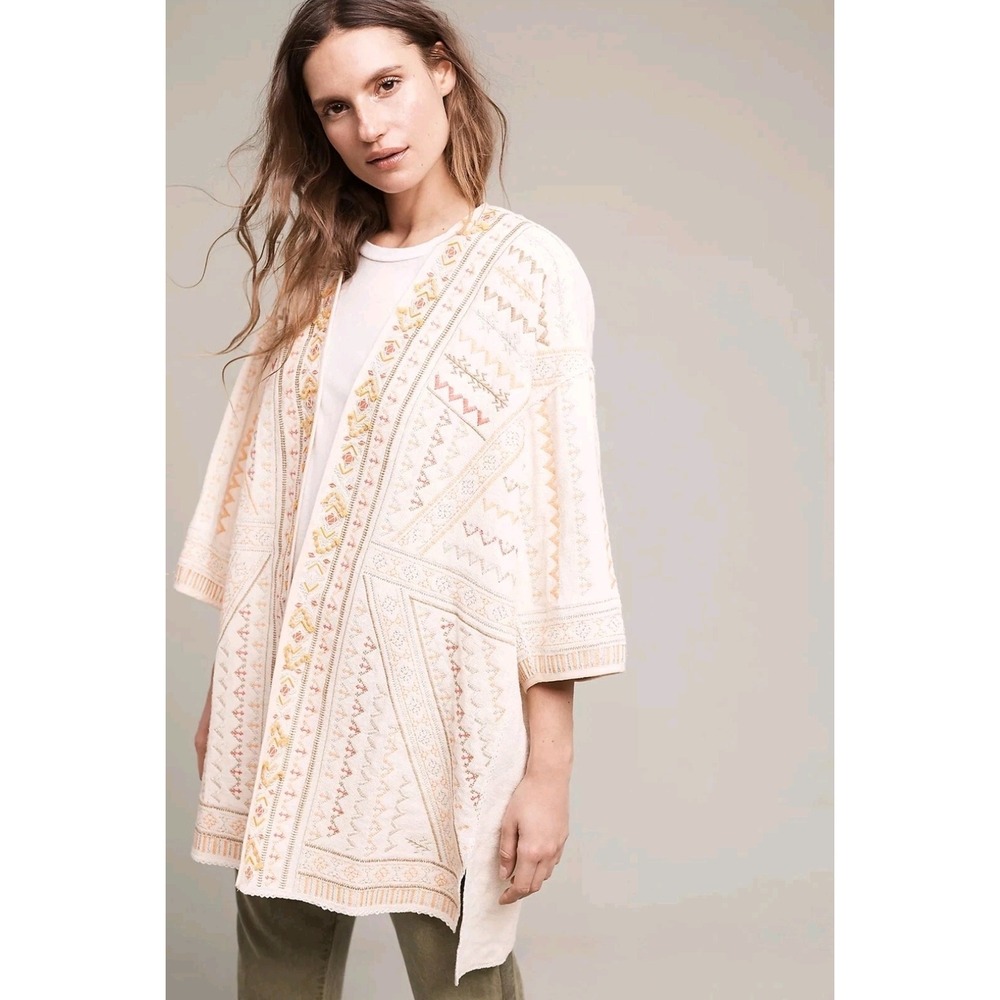 Blank London Anthropologie Embroidered Kimono Jacket Artisan Cream Cotton OS